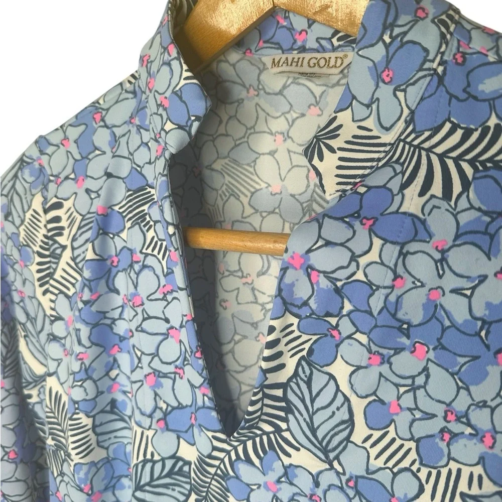 Mahi Gold Tunic Top Hydrangea Floral Print Size Small Nylon Blend Preppy Coastal - Picture 2 of 7